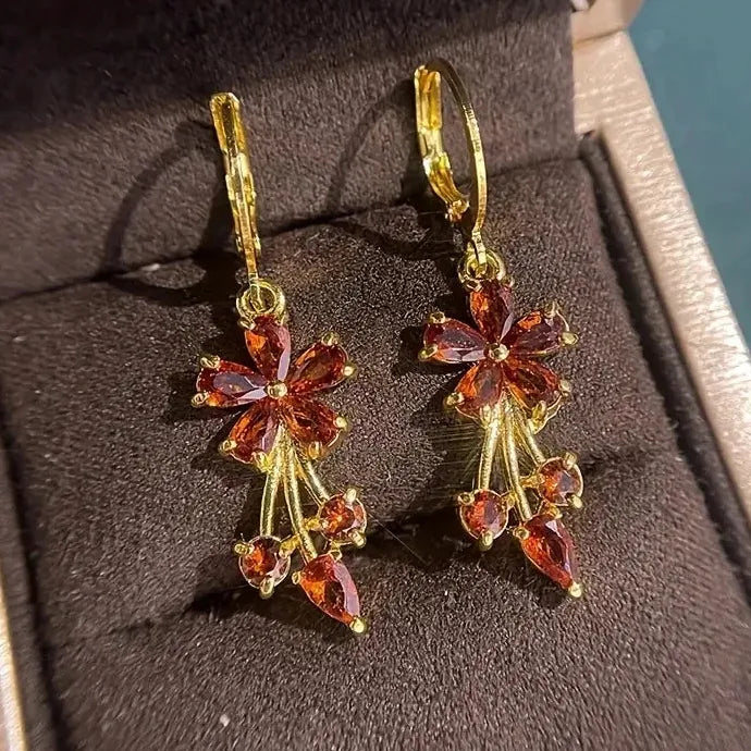 Luxury Gold Flower Drop Earrings Women Multicolor Cubic Zirconia Zinc Alloy