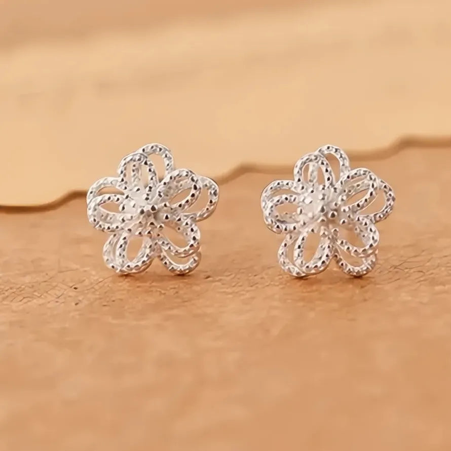 Silver Double Layer Geometric Flower Stud Earrings for Women Gift Copper Alloy