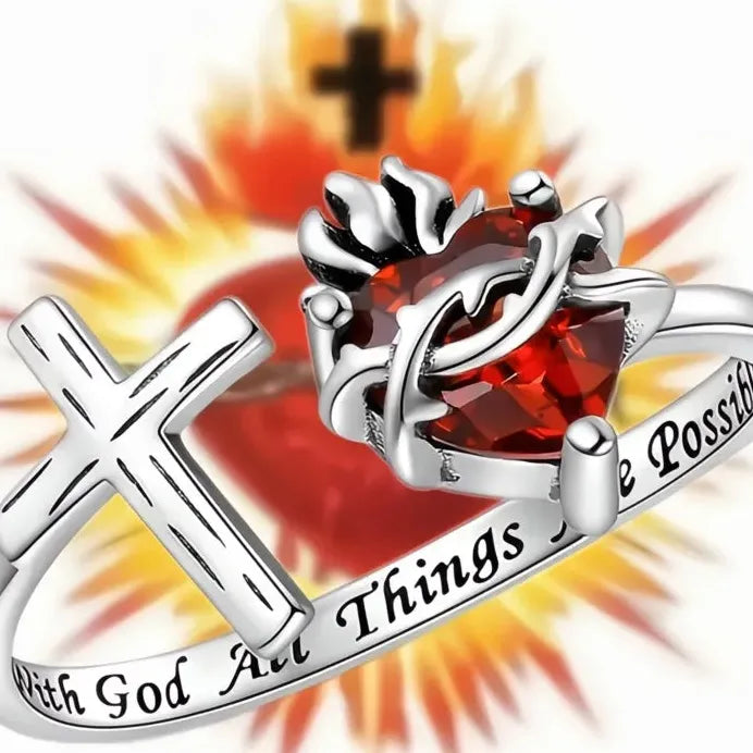 Adjustable Women’s Silver Cross Ring with Red Heart CZ Stone