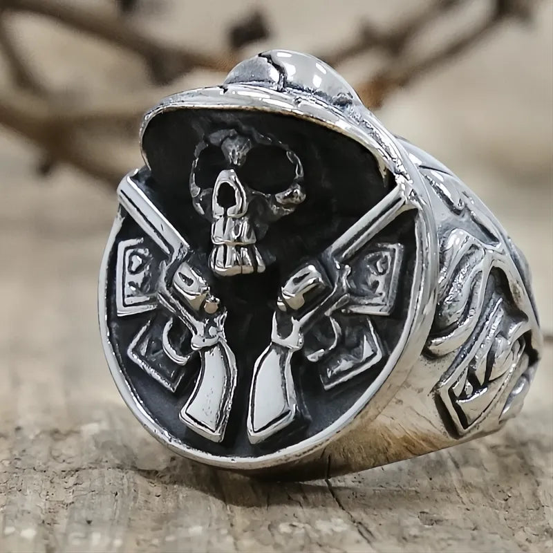 Vintage Cowboy Double Gun Skull Ring Men’s 316L Stainless Steel Punk Biker Hip Hop Jewelry
