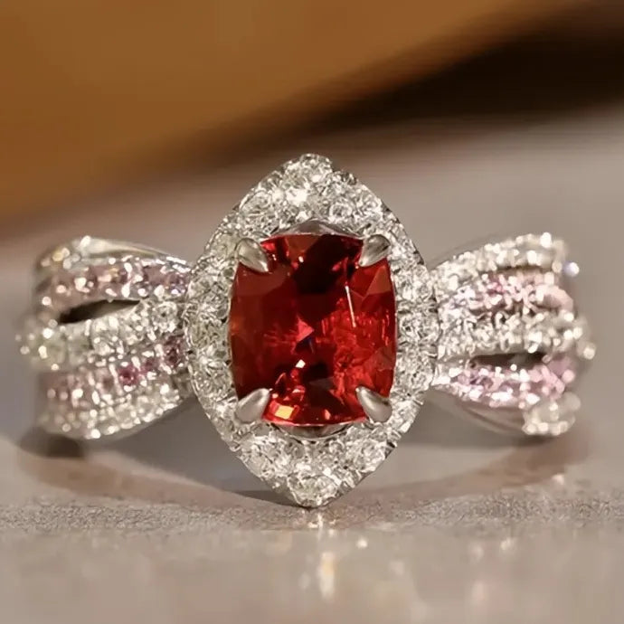 Red Cubic Zirconia Engagement Wedding Party Ring Brass Delicate Jewelry