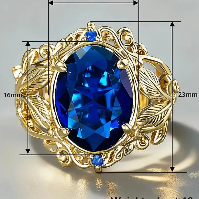 Elegant Women's Brass Ring with Blue Cubic Zirconia Leaf Design Wedding Jewelry