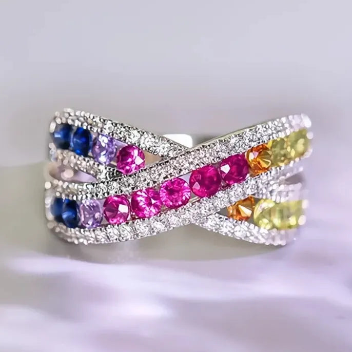 Rainbow Cubic Zirconia Cross Ring Silver Brass Wedding Party Jewelry for Women