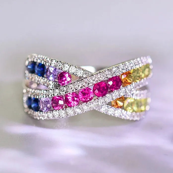 Rainbow CZ Iced Out Silver Cross Ring for Women Wedding Party Jewelry