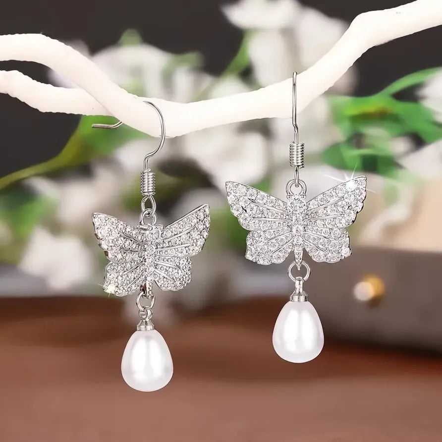 Butterfly Women’s Imitation Pearl Drop Earrings Cubic Zirconia Jewelry