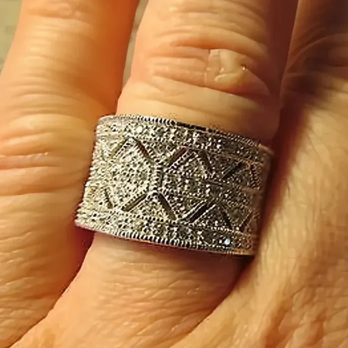 Women’s Silver Wide Metal Geometric Wedding Band with Cubic Zirconia