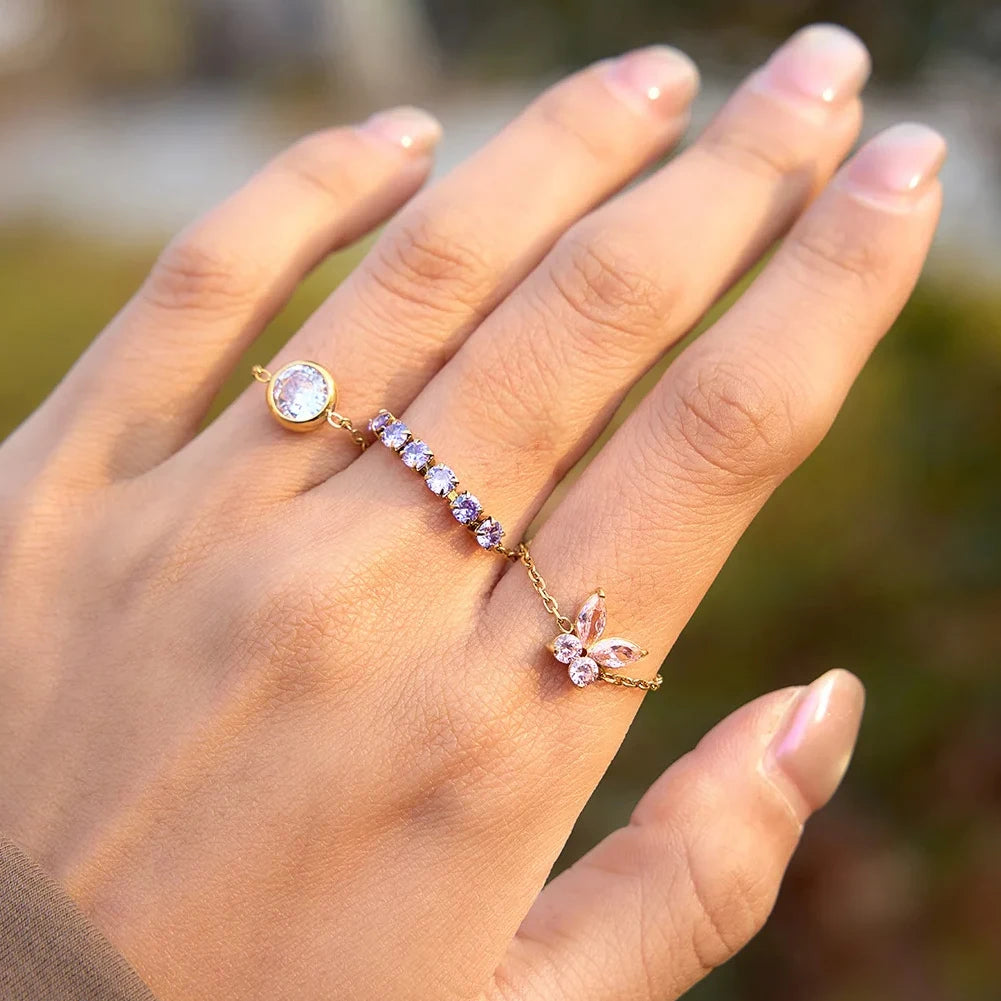 Stainless Steel Multi-Color CZ Zirconia Geometric Square Butterfly Ring Waterproof Jewelry