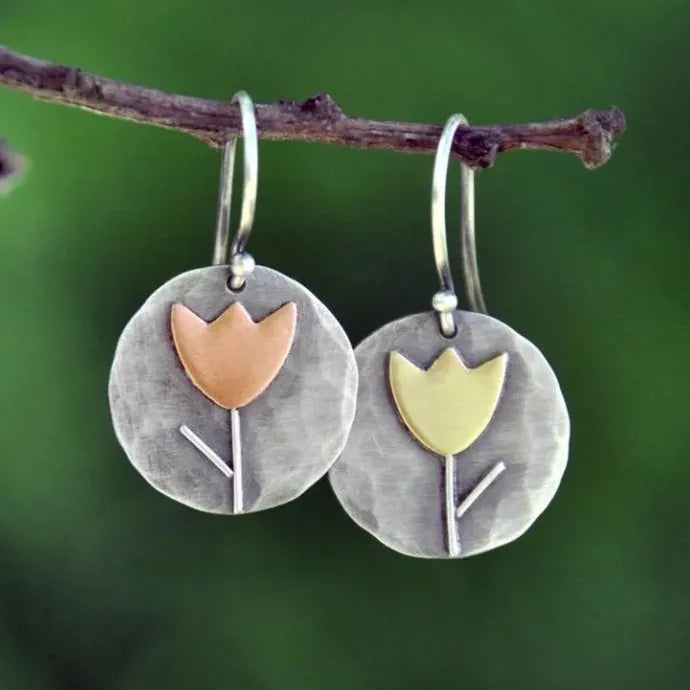 Vintage Geometric Tulip Flower Carved Zinc Alloy Earrings for Women