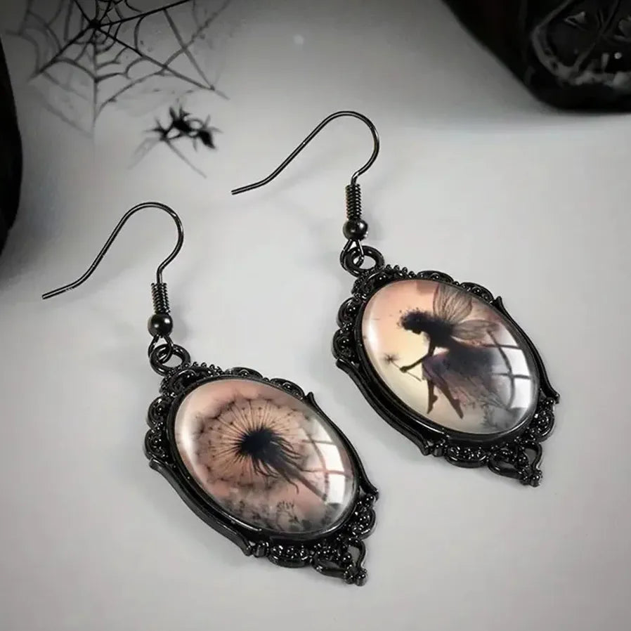 Asymmetric Black Dandelion Elf Fairy Gothic Oval Glass Zinc Alloy Earrings