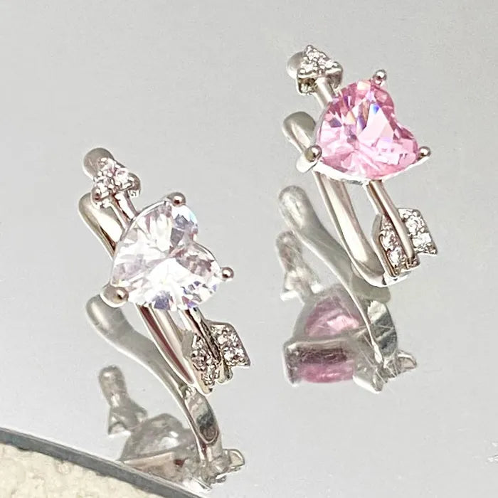 Adjustable Arrow-Through-Heart Zircon Clip Earrings for Women Zinc Alloy Jewelry