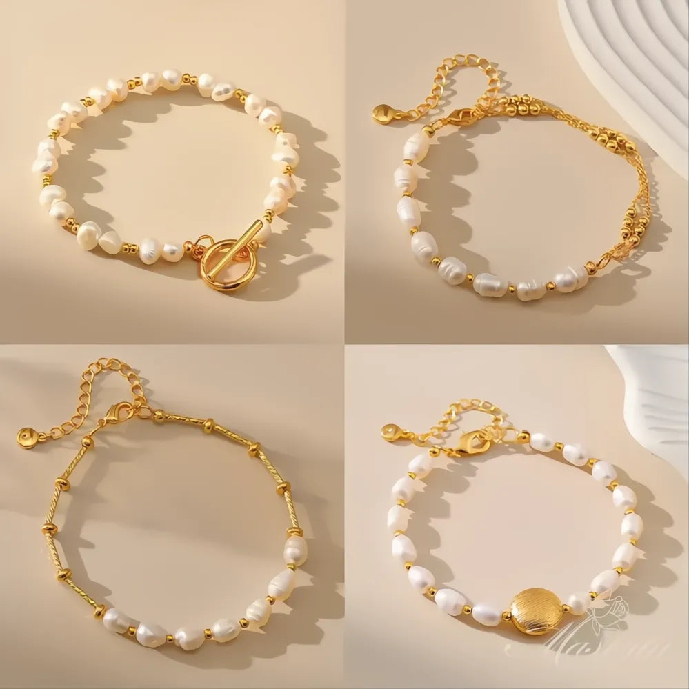 Freshwater Pearl Gold Plated Beaded Bracelet Women Link Chain