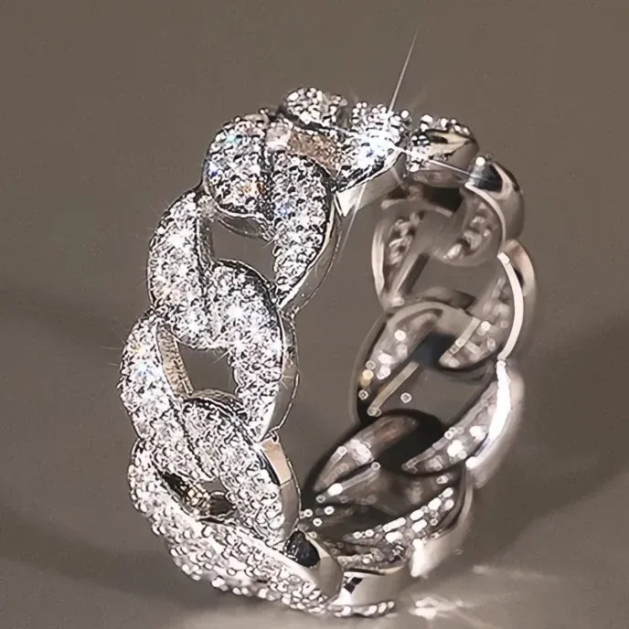 Luxury Brass Chain Link Ring for Women Cubic Zirconia Wedding Engagement Jewelry