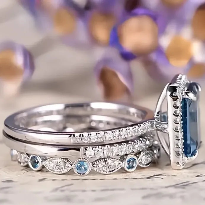 3Pcs Blue Cubic Zirconia Rings Set for Women Luxury Anniversary Jewelry