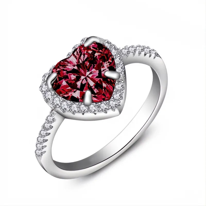 Classic Silver Heart Engagement Ring for Women Copper CZ Stone Inlay Wedding Jewelry Gift