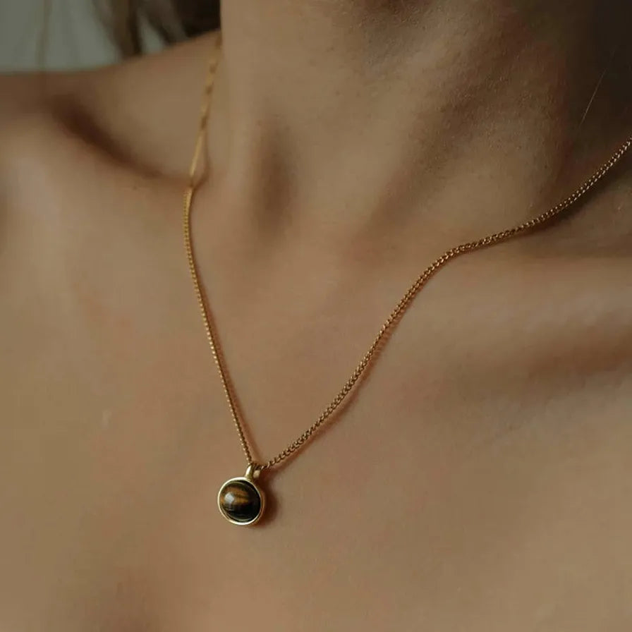 18K Gold Plated Tiger Eye Stone Necklace Geometric Pendant Hypoallergenic Jewelry