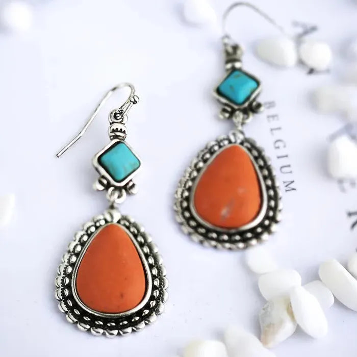 Retro Silver Water Drop Earrings Long Resin Zinc Alloy Women's Jewelry