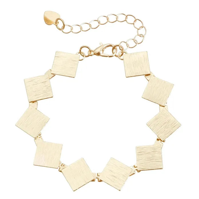 Brushed Metal Retro Square Necklace Bracelet Earrings Set for Women Jewelry Gift