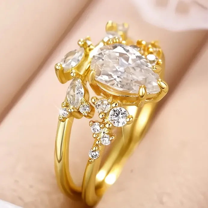 Pear Cubic Zirconia Bridal Wedding Ring Set Gold Tone Elegant Jewelry