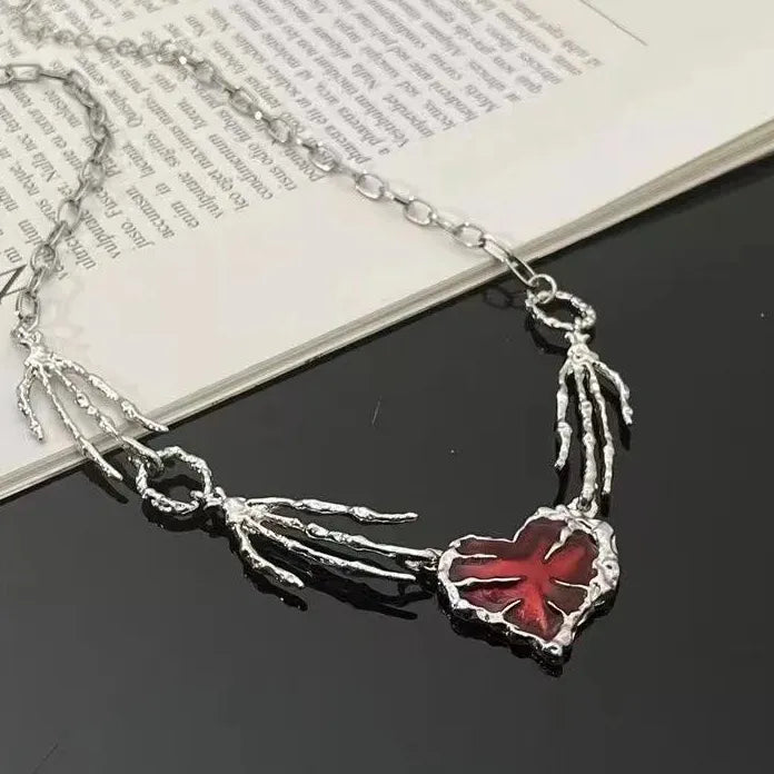 Gothic Red Crystal Heart Pendant Necklace Y2K Fashion Jewelry Accessory