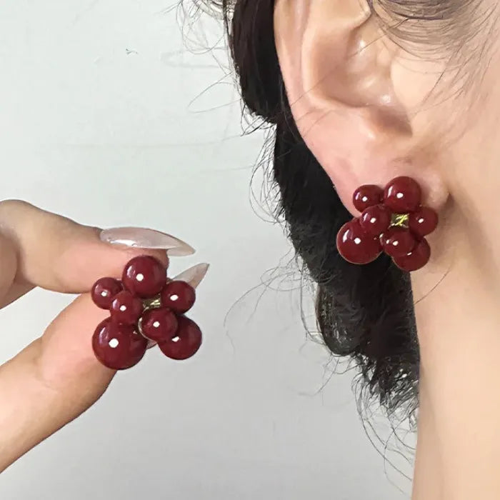 Red Beads Geometric Flower Stud Earrings Zinc Alloy Gift for Women Girls