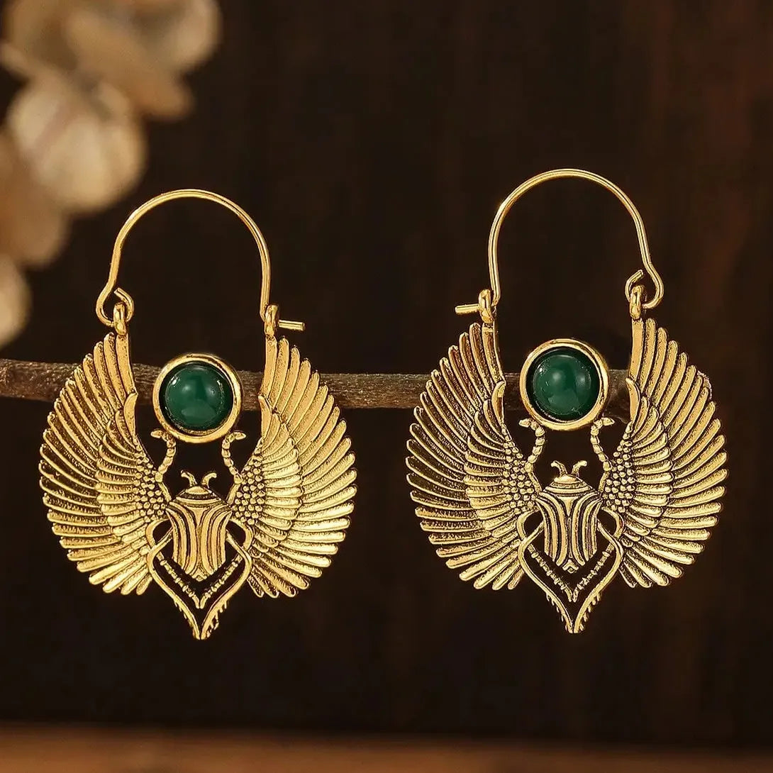 Vintage Egyptian Scarab Wings Large Hoop Earrings Gold Zinc Alloy Gift
