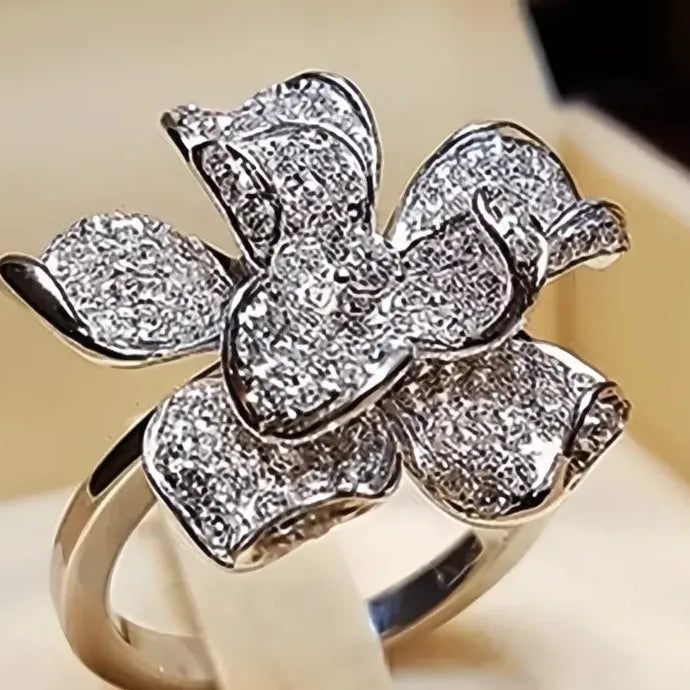 Elegant CZ Flower Geometric Ring for Women Brass Silver Wedding Band