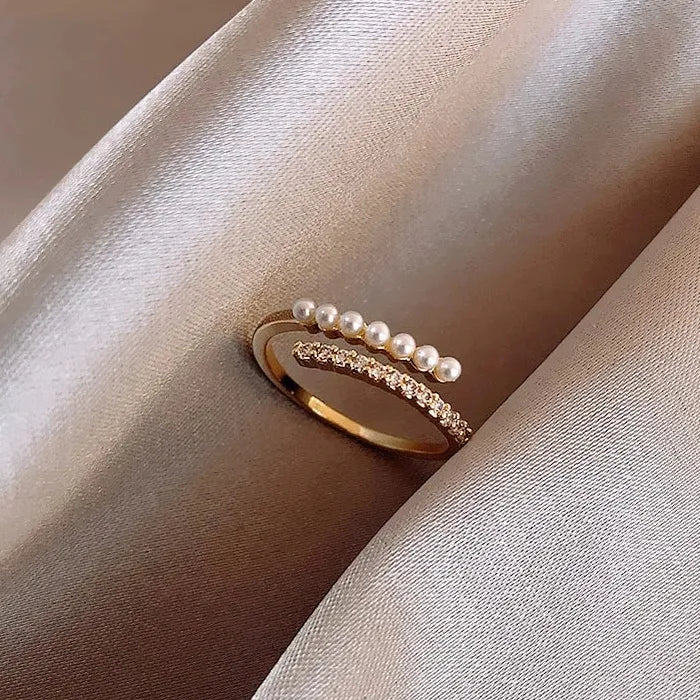 Adjustable Rose Gold Copper Ring with Imitation Pearl & Cubic Zirconia for Women