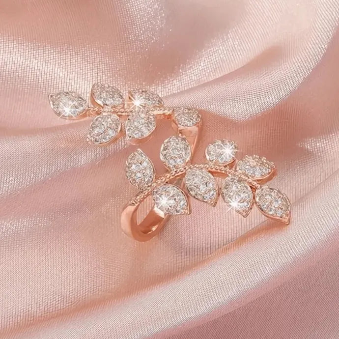 Leaves Shaped Women’s Opening Ring Rose Gold Brass CZ Party Jewelry