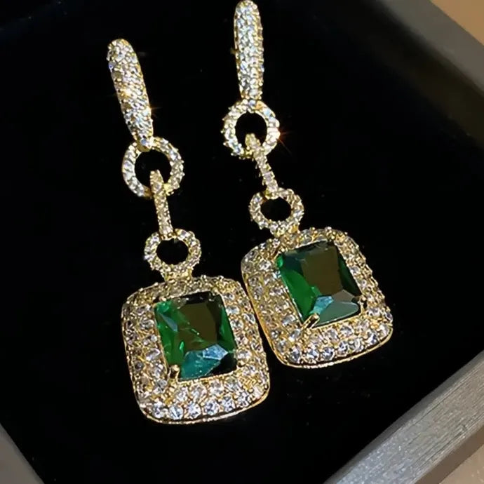 Luxury Gold Green Cubic Zirconia Geometric Long Brass Earrings for Women