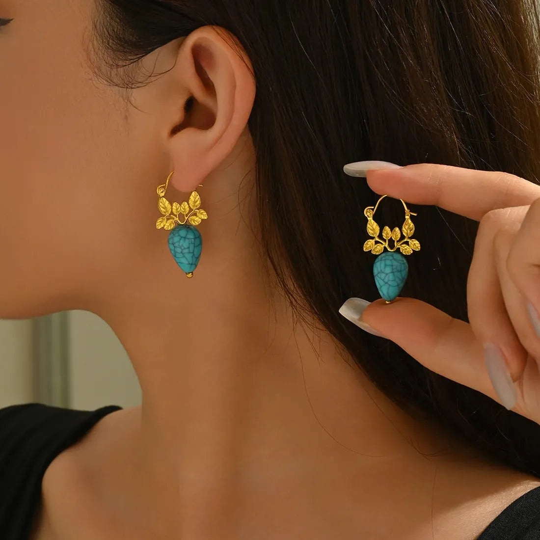 Vintage Gold Inlaid Blue Gemstone Drop Earrings Zinc Alloy for Women Party Engagement