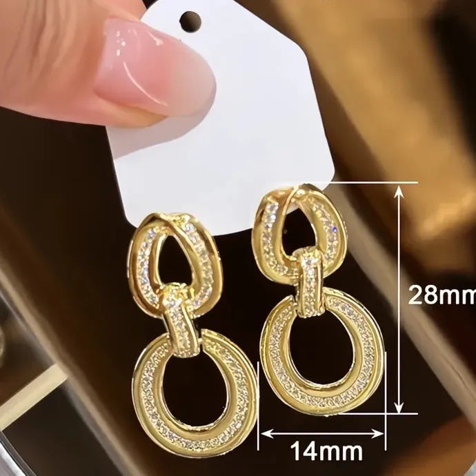Gold Color CZ Circle Linked Geometric Drop Earrings for Women Wedding Party