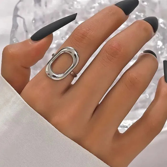 Vintage Gold Stainless Steel Geometric Hollow Square Ring Waterproof Jewelry Gift