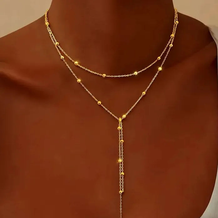 Bohemia Silver Ball Chain Necklace for Women Y-Shaped Tassel Pendant Jewelry