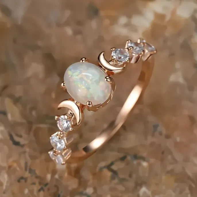 Brass Wedding Ring with Blue White Opal and Cubic Zirconia Gift