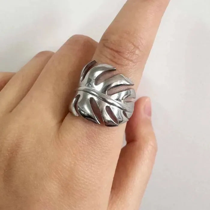 Stainless Steel Leaf Geometric Multi-Layer Open Cocktail Ring for Women Jewelry