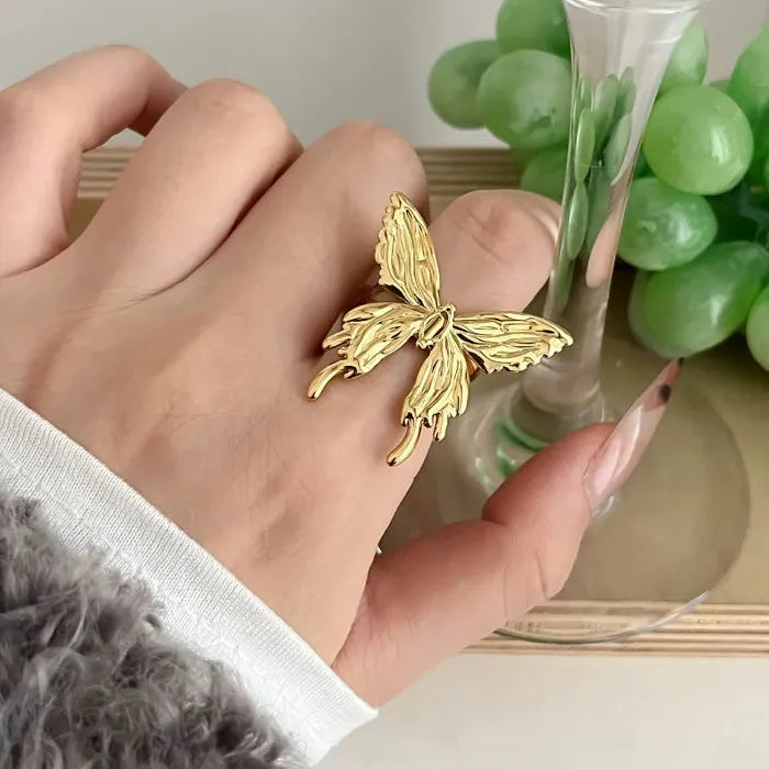 Adjustable Stainless Steel Butterfly Heart Geometric Open Ring for Women Jewelry