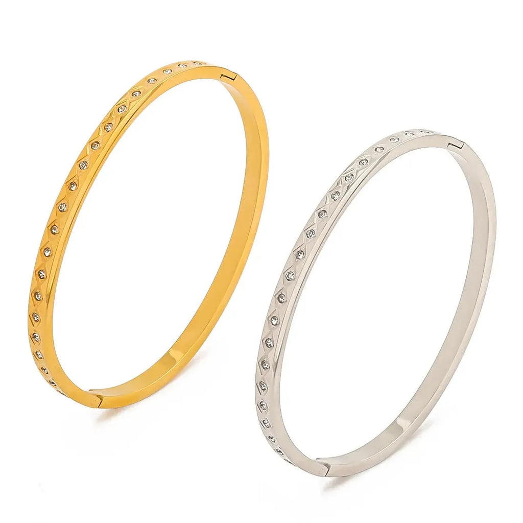 18K Gold Plated Stainless Steel Geometric Cubic Zirconia Bangle Bracelet Women