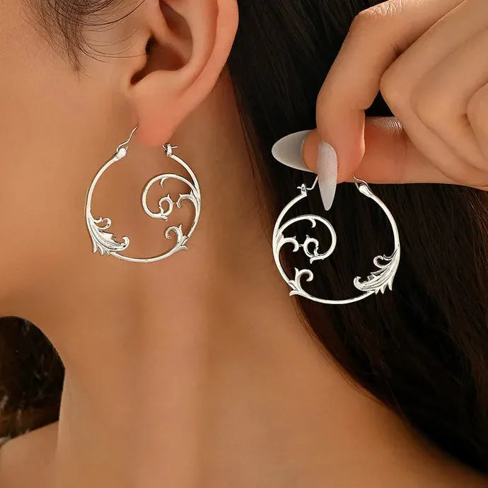 Vintage Silver Copper Metal Carved Geometric Spiral Drop Earrings Women