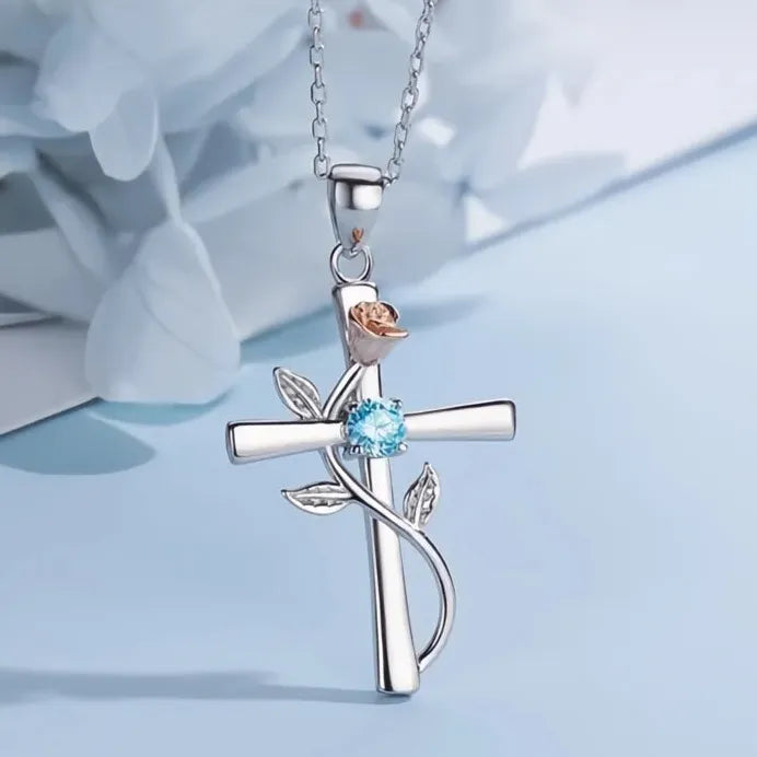 Rose Flower Cross Pendant Necklace Bridal Wedding Jewelry for Women