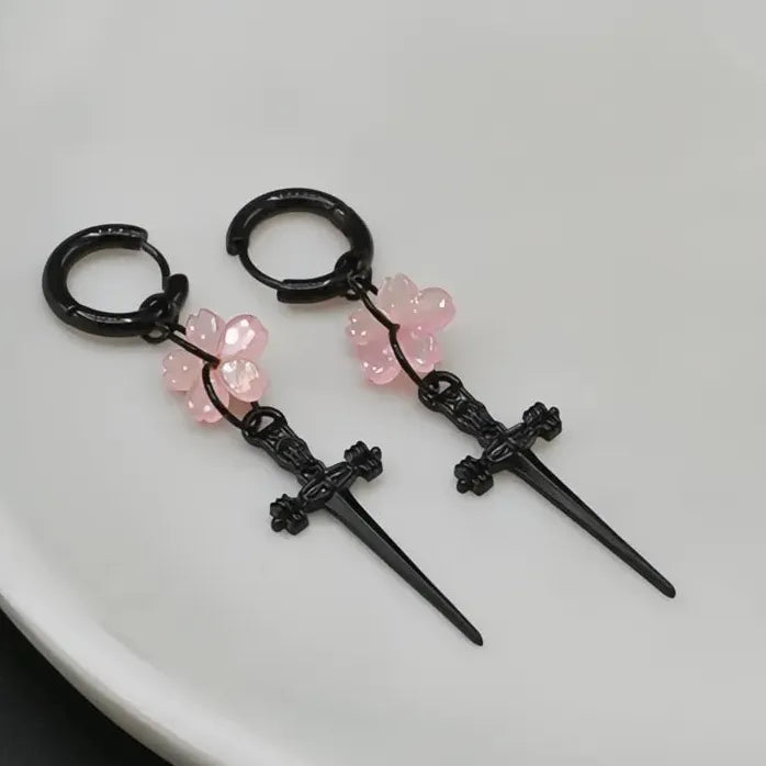 Punk Black Sakura Blade Small Hoop Earrings Gothic Cherry Blossom Jewelry