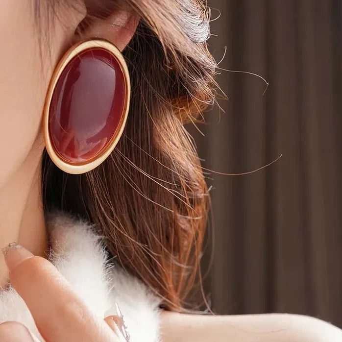 Vintage Red Geometric Stud Earrings for Women Gold Oval Party Jewelry
