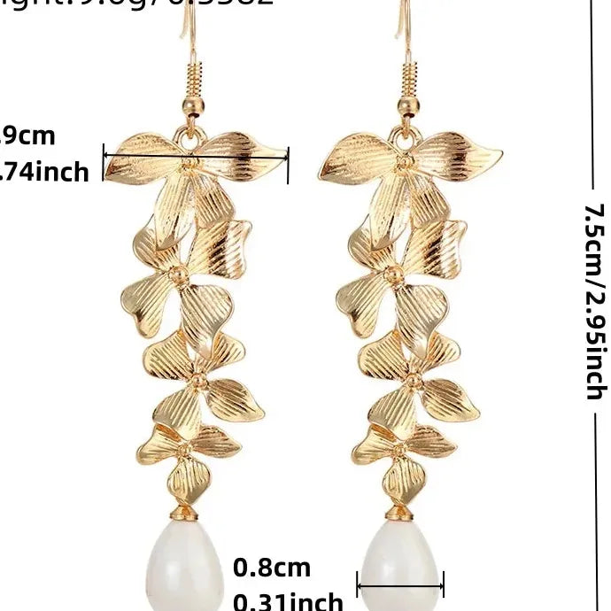 Leaves Flower Tassel Imitation Pearl Pendant Earrings Bridal Wedding Jewelry