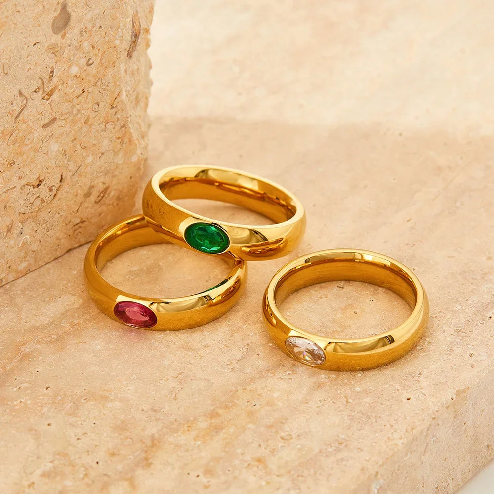 18K Gold Plated Stainless Steel Oval Zircon Crystal Wedding Ring for Women