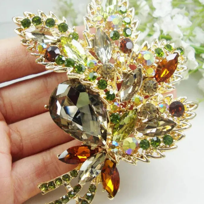 Vintage Brown Rhinestone Crystal Flower Leaf Brooch Pin Elegant Jewelry