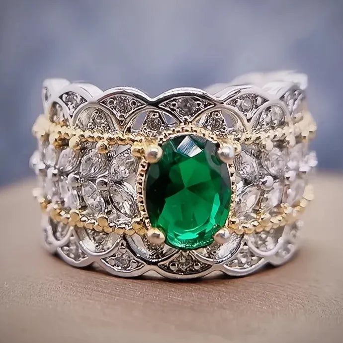 Resizable Two Tone Green Cubic Zirconia Brass Ring for Women Wedding Party