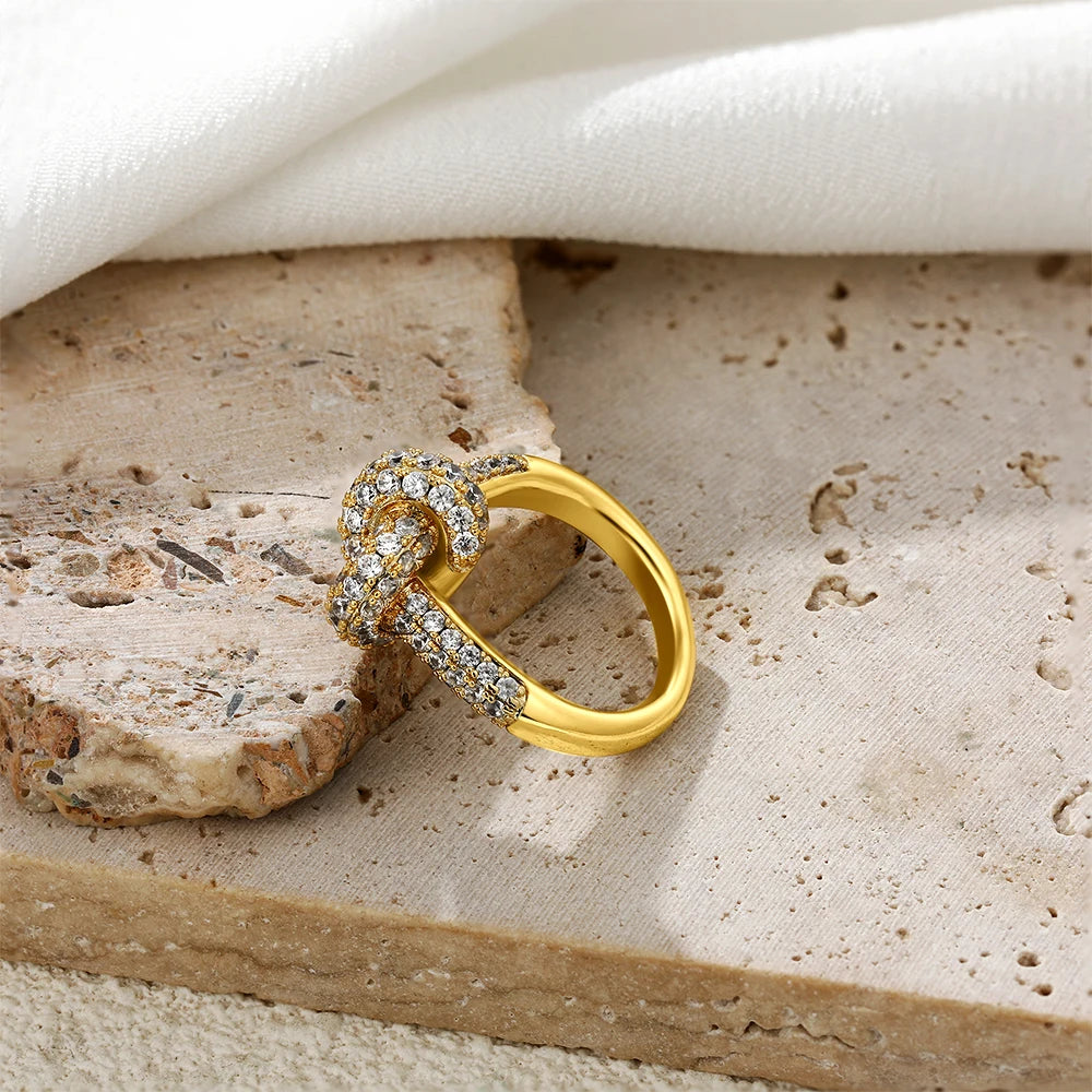 18K Gold Plated Chunky Knot Ring for Women Stainless Steel Zircon Wedding Band
