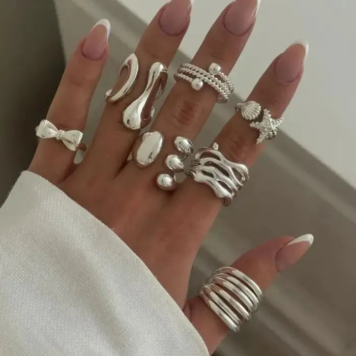 7Pcs Adjustable Geometric Bow Knot Starfish Rings Set Unisex Fashion Jewelry