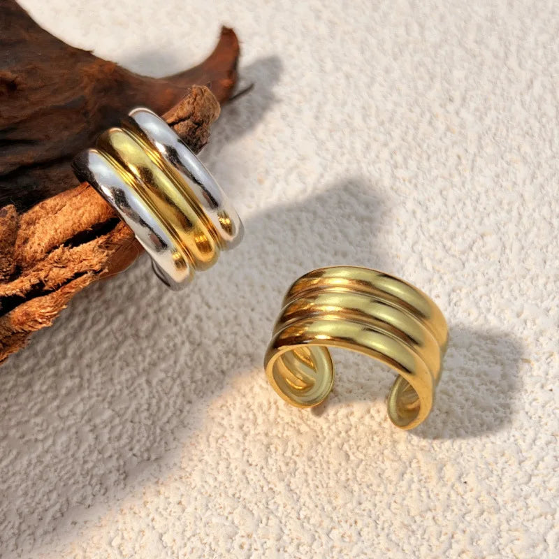 Punk 18k Gold Plated Stainless Steel Thick Stripe Three Layer Knuckle Ring