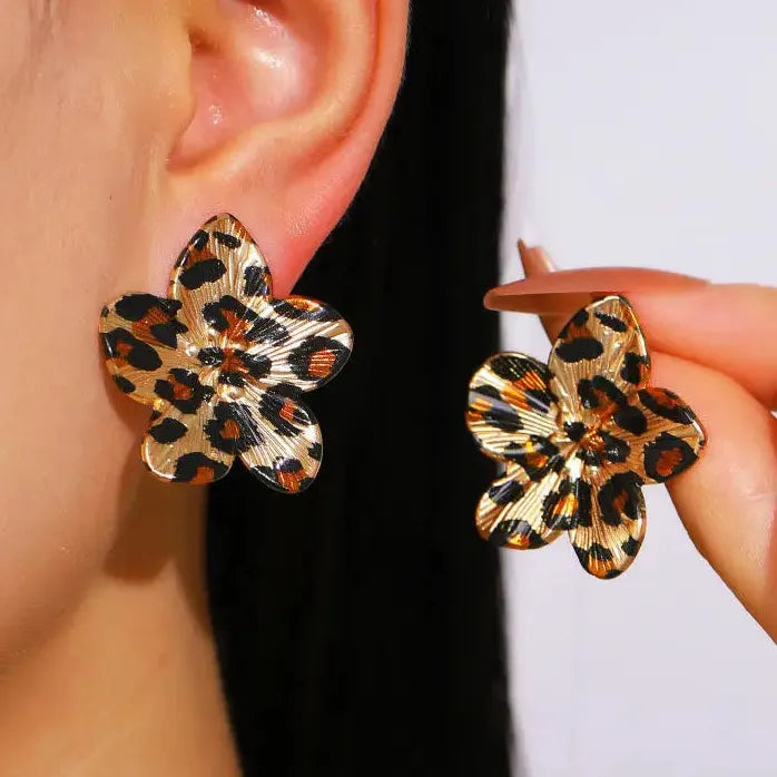 Vintage Leopard Print Geometric Flower Petal Drop Earrings for Women Jewelry