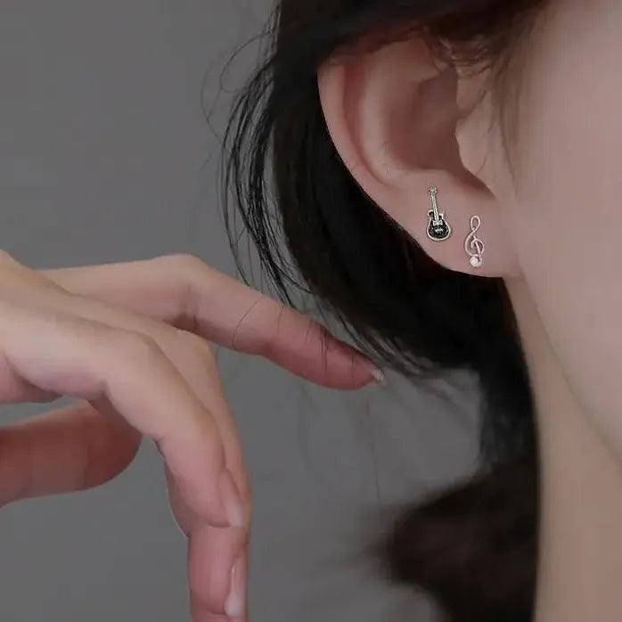 Simple Asymmetric Guitar Note Stud Earrings for Women Girls Gift Jewelry